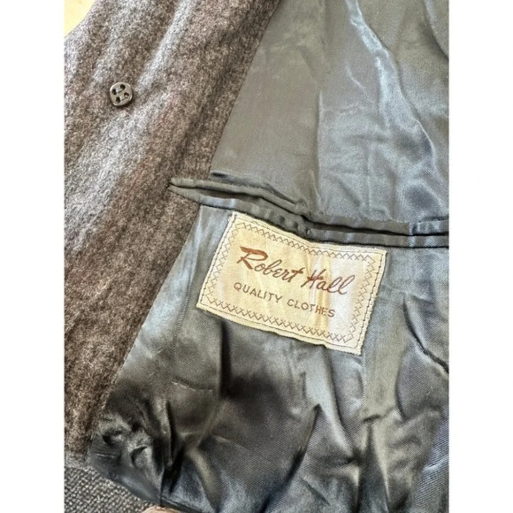 Vintage 60s Robert Hall Grey Wool Overcoat Plaid Mid Century‎ 3 Button Mens L